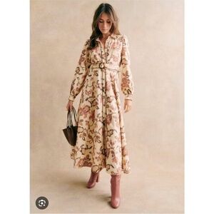 Sezane Women Shirt Dress Midi Long Sleeve Beige Cotton Floral Size 38
